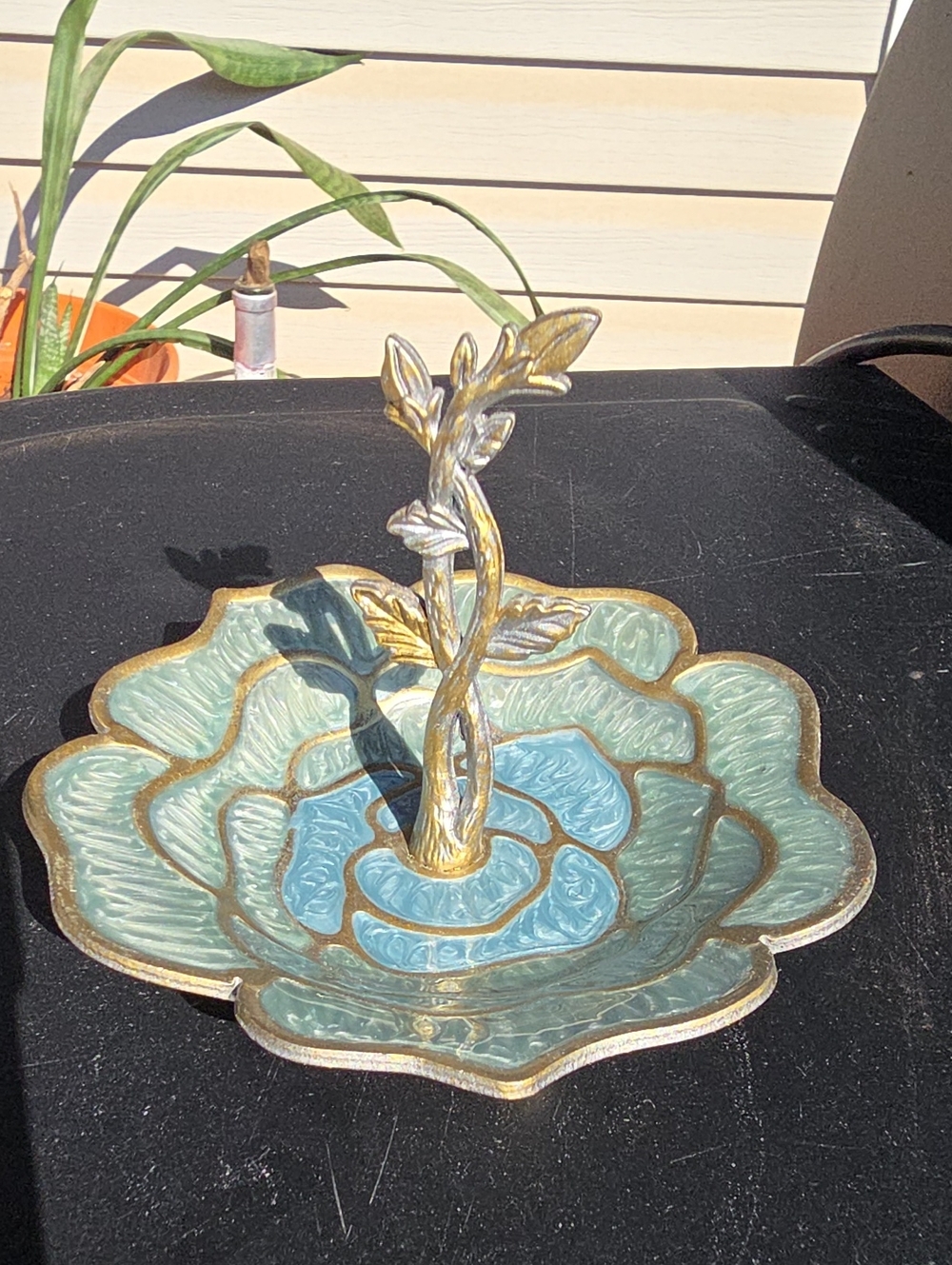 Decorative Blue-Green Floral Jewelry Holder with Gold Accent
